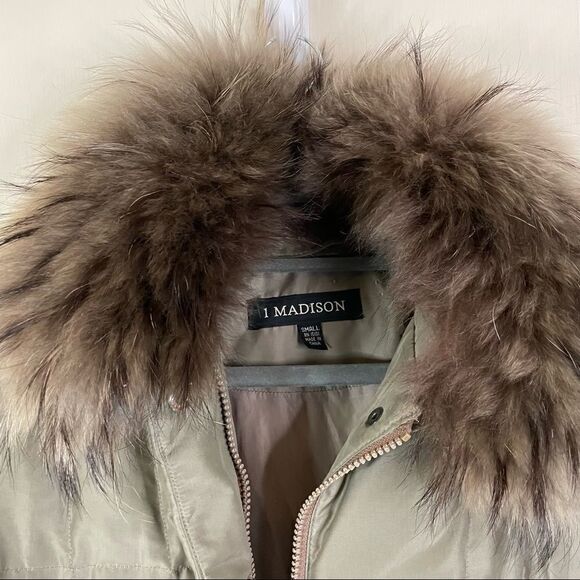1 Madison Down and Feather Long Puffy Parka Coat Raccoon Trim Hood - Picture 6 of 8